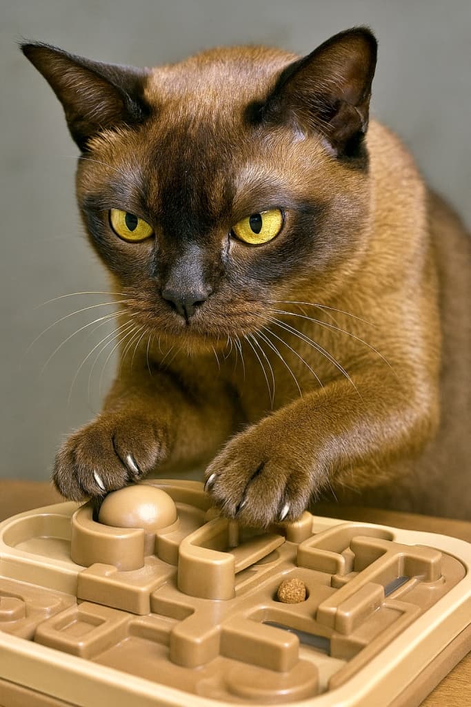 「知性爆発!おやつゲットに全集中するバーミーズ猫の真剣勝負✨🐾」A photorealistic close-up of a Burmese cat with an intense, focused expression, manipulating a complex puzzle feeder with its paws to release treats. The shot highlights the cat’s face and paws, emphasizing its concentration. 集中した表情のバーミーズ猫が、複雑なパズルフィーダーを前足で操りながらおやつを取り出す様子を写したフォトリアリスティックなクローズアップ。顔と前足に焦点が当てられ、知性と集中力が際立っている