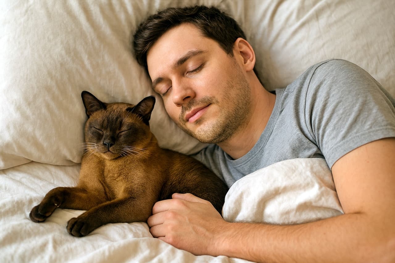 「飼い主と同じ寝姿でスヤスヤ眠るバーミーズ猫に癒される…💤✨」A photorealistic scene of a Burmese cat sleeping soundly in bed next to its owner, perfectly mimicking the owner’s sleeping position. Both rest peacefully under soft white linens, illuminated by gentle natural light. フォトリアルなシーン。バーミーズ猫が飼い主の隣で同じ寝姿を真似しながら、白い寝具の中で心地よく眠っている。柔らかな自然光に包まれた温かい雰囲気