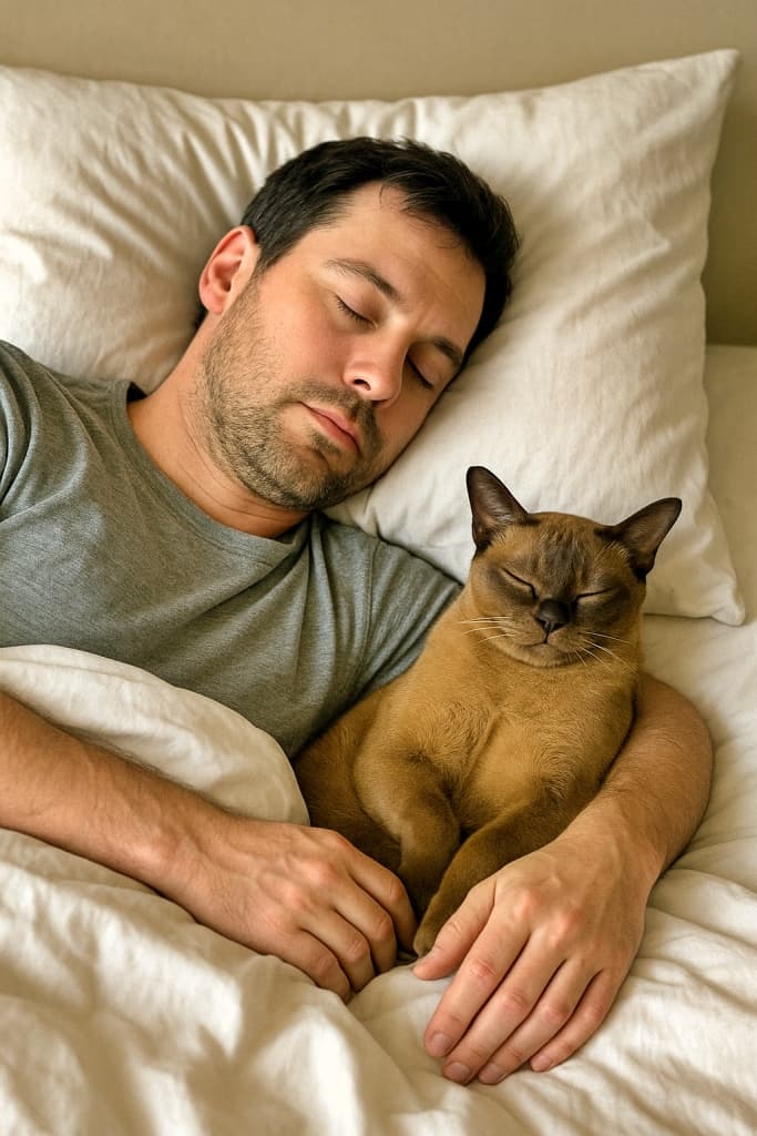 A photorealistic scene of a Burmese cat sleeping peacefully in bed next to its owner, mirroring the owner’s sleeping position in soft natural light. 飼い主の隣で同じ寝姿をまねるように、ベッドの上で気持ちよさそうに眠るバーミーズ猫のフォトリアルなシーン