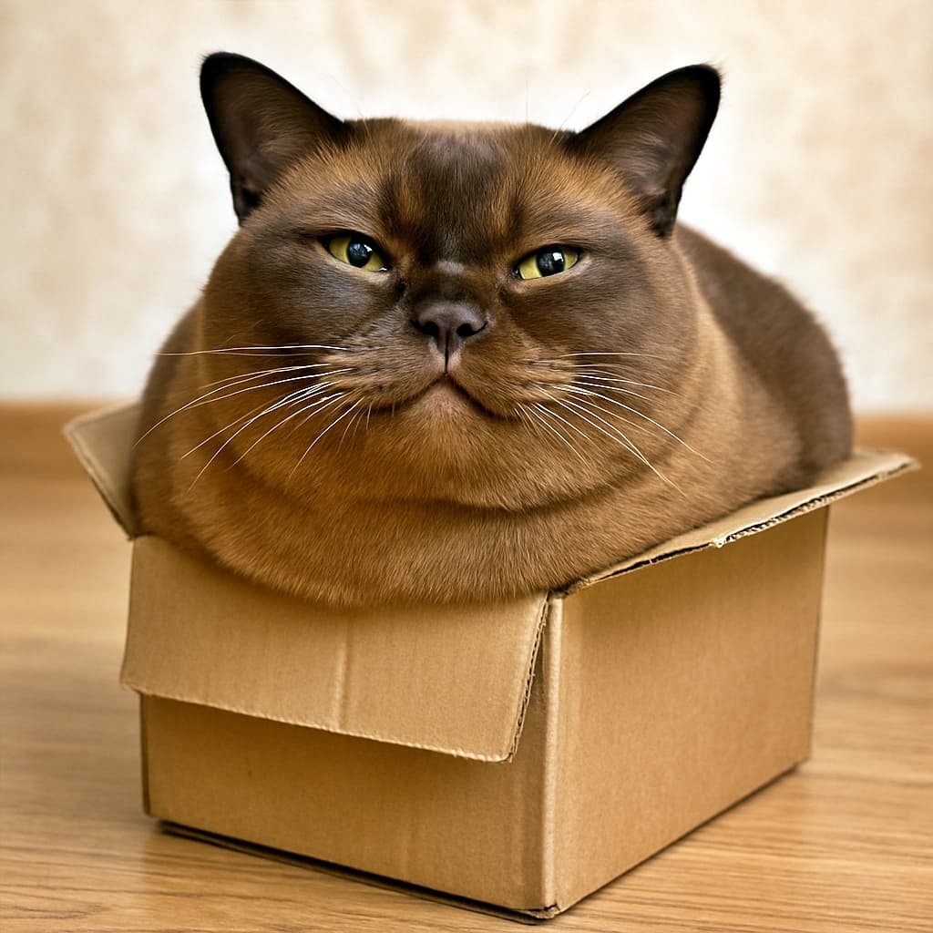 A fully grown Burmese cat squeezed tightly into a cardboard box that is clearly too small, sitting proudly and looking completely satisfied in a photorealistic, high-resolution shot. 明らかに小さすぎる段ボール箱にぎゅうぎゅうに収まり、満足そうな表情を浮かべる成猫のバーミーズを写した高解像度のリアル写真