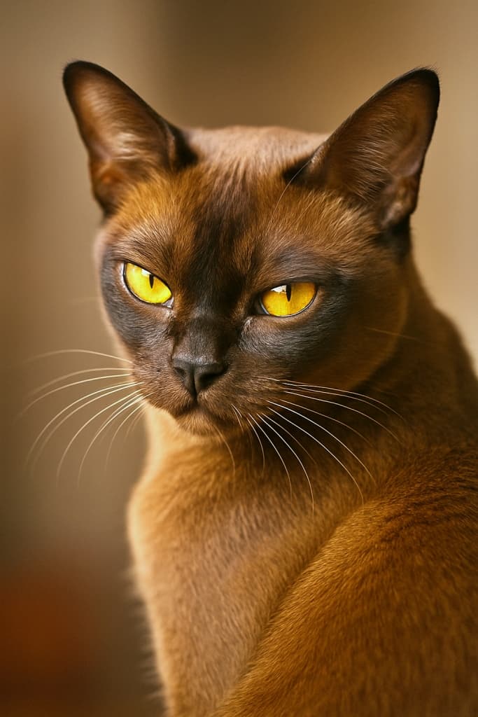 Close-up portrait of a Burmese cat looking back over its shoulder with a sultry, knowing expression, focusing on its striking golden eyes. 肩越しに振り返り、意味深な視線を向けるバーミーズ猫のクローズアップポートレート。印象的な黄金色の瞳が強調されている
