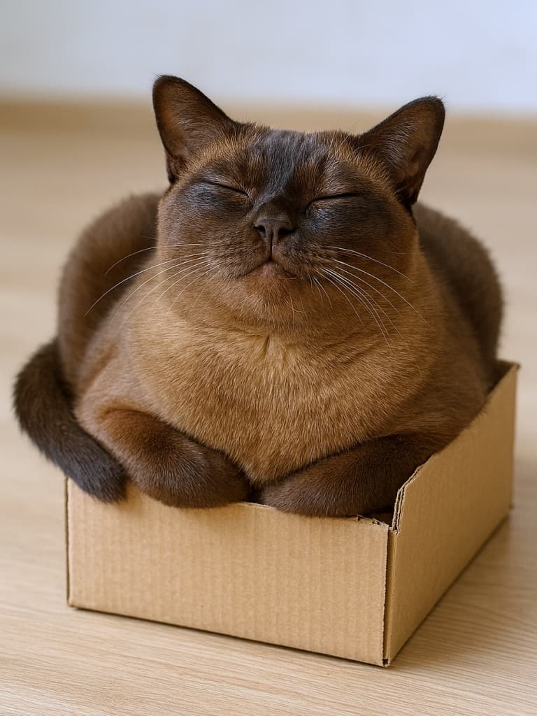 「箱が小さくても幸せいっぱい!ぎゅっと詰まった満足顔がたまらない♪」"Photorealistic Burmese cat happily squeezed into a too-small cardboard box, looking content. フォトリアルなバーミーズ猫が小さすぎる段ボール箱に満足そうにぎゅうぎゅう詰めになっている