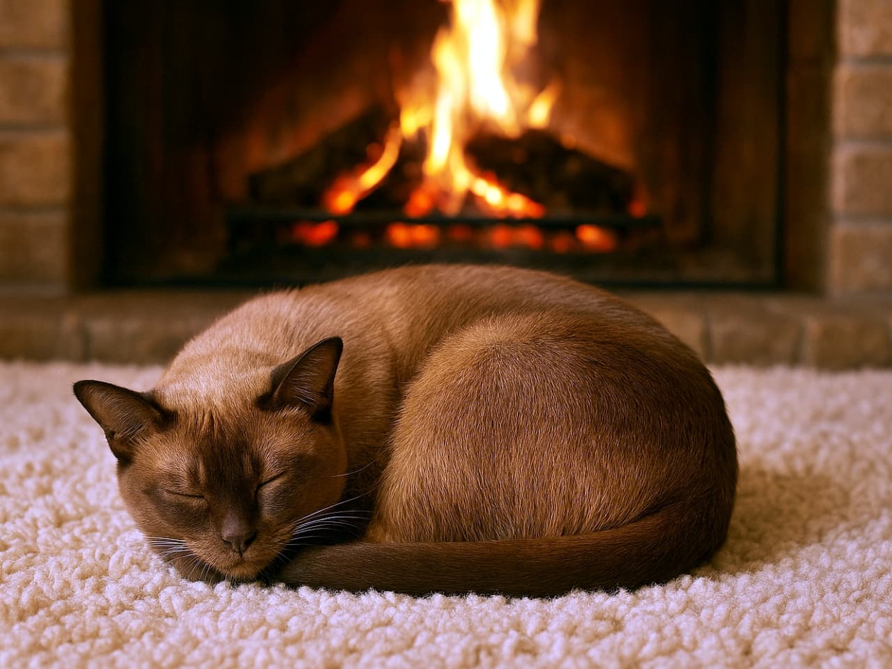 🔥「ぬくもりの魔法、ここに完成!丸くなったバーミーズが描く究極の癒しタイム✨」A photorealistic Burmese cat curled up in a perfect circle on a plush rug before a crackling fireplace, radiating warmth and relaxation. 暖炉の前、ふわふわのラグの上で丸くなって眠るバーミーズ猫。究極のぬくもりと安らぎを感じさせる光景