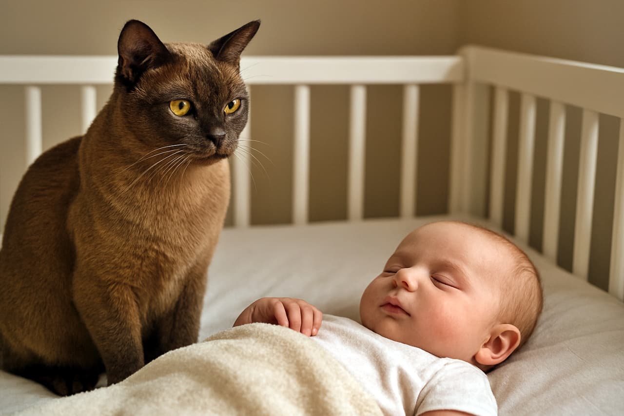 ✨「赤ちゃんを守る優しき番人、バーミーズ猫の愛情ガード!」✨A photorealistic Burmese cat sits calmly beside a sleeping baby in a crib, radiating trust and gentleness. フォトリアルなバーミーズ猫が、眠る赤ちゃんのベビーベッドのそばで静かに見守り、信頼と優しさを漂わせている