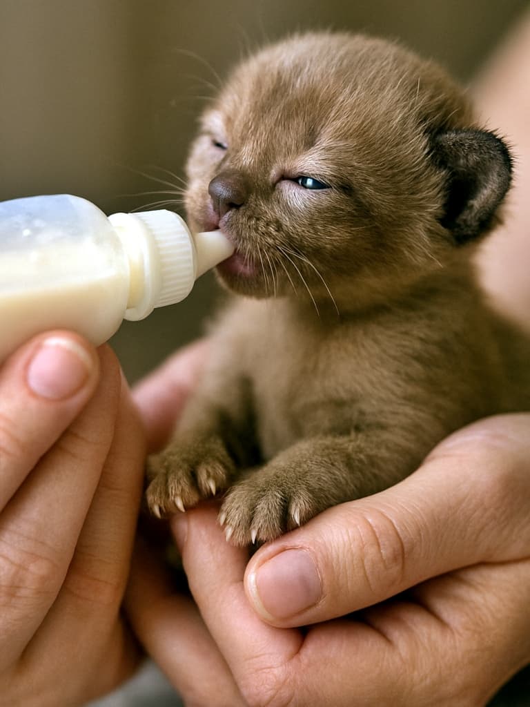 「ちっちゃな命、ミルクで育つ瞬間!」A very young Burmese kitten, eyes barely open, eagerly drinking milk from a small bottle held by gentle hands. 生まれたばかりのバーミーズ子猫が、まだほとんど開いていない目で、小さな哺乳瓶から優しい手に支えられながらミルクを飲んでいる
