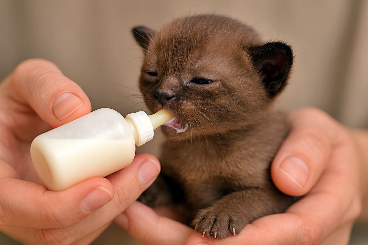 A newborn Burmese kitten with its eyes barely open is gently held in human hands while eagerly drinking milk from a small bottle. A tender, intimate close-up scene. 目がほとんど開いていないごく幼いバーミーズ子猫が、優しく支えられた手の中で小さな哺乳瓶からミルクを飲んでいる様子。温かさと親密さのあるクローズアップシーン