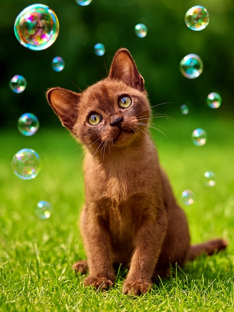 「シャボン玉に夢中!首をかしげるバーミーズ子猫の可愛さが止まらない♡」A photorealistic Burmese kitten sits on a lush green lawn, tilting its head in fascination as iridescent soap bubbles float around. The playful mood is captured with natural lighting and high resolution detail. 光沢のある緑の芝生に座るバーミーズ子猫が、虹色に輝くシャボン玉を見つめながら首をかしげている。自然光に包まれた高解像度のフォトリアルな描写で、動的で遊び心あふれる雰囲気を表現