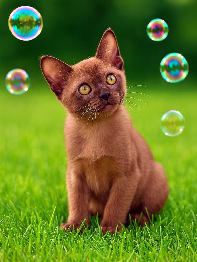 A photorealistic Burmese kitten sitting on a lush green lawn, tilting its head with a curious expression as colorful soap bubbles float around it. 緑いっぱいの芝生に座ったバーミーズ子猫が、周囲を漂うシャボン玉を不思議そうに見上げて首をかしげている様子を写したフォトリアルな画像