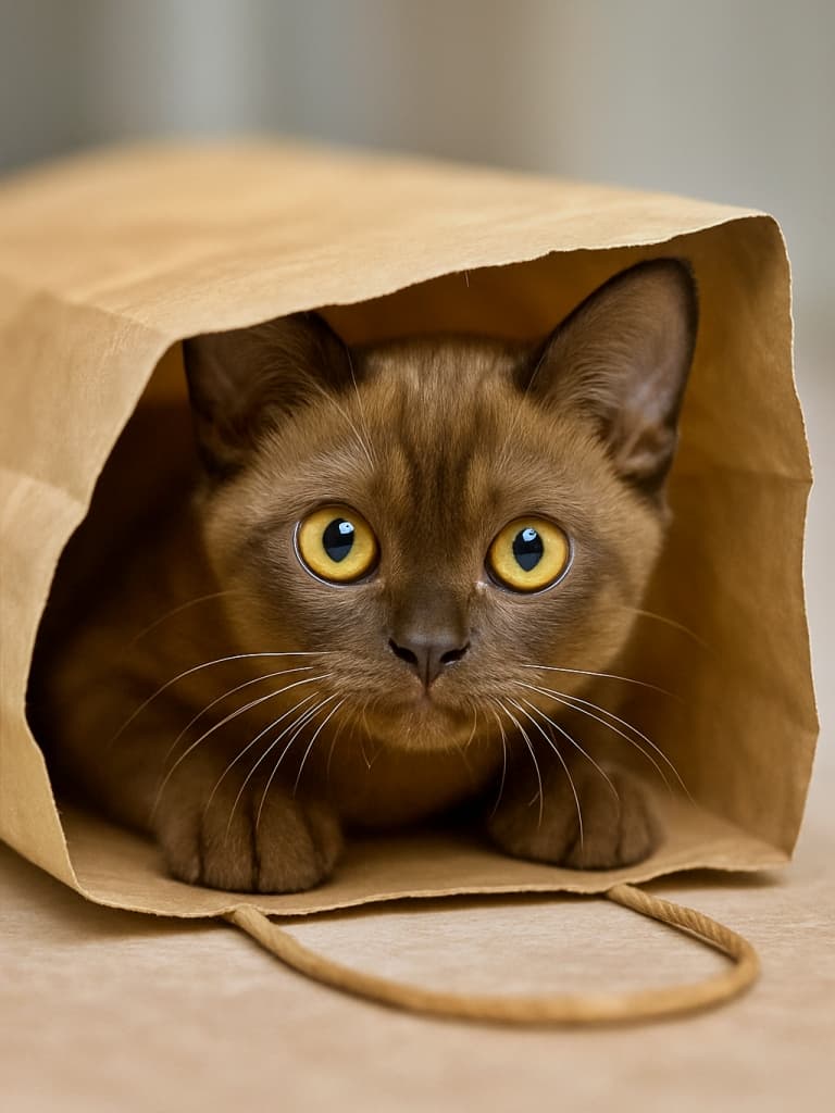 A photorealistic Burmese kitten peeking out from inside a crumpled kraft paper shopping bag, showing only its head and big golden eyes. くしゃっとした紙袋の中から、頭と大きな金色の目だけをのぞかせているバーミーズ猫の子猫の写真