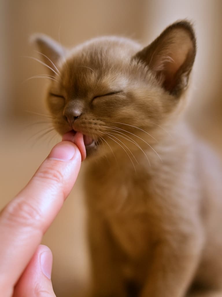 A close-up photo of a tiny Burmese kitten gently licking a person’s fingertip with its small pink tongue, eyes softly closed, captured with shallow depth of field and warm, photorealistic lighting. 小さなバーミーズ子猫が、目を閉じながら人の指先を小さなピンクの舌で優しく舐めている様子を捉えたクローズアップ写真。浅い被写界深度と暖かいフォトリアルな光が特徴