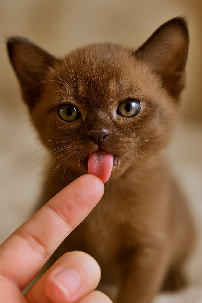 「ちっちゃな舌で愛を伝える♡ バーミーズ子猫のとろける瞬間!」A photorealistic close-up of a tiny Burmese kitten gently licking a human fingertip with its small pink tongue. The shallow depth of field keeps the kitten’s warm brown fur, golden eyes, and delicate whiskers in sharp focus, while the background softly blurs into warm tones. 小さなバーミーズ子猫が人の指先を小さなピンクの舌で優しく舐めているフォトリアリスティックなクローズアップ。浅い被写界深度により、子猫の温かみのある茶色の毛並み、黄金色の瞳、繊細なひげが鮮明に映し出され、背景は柔らかな暖色でぼかされている