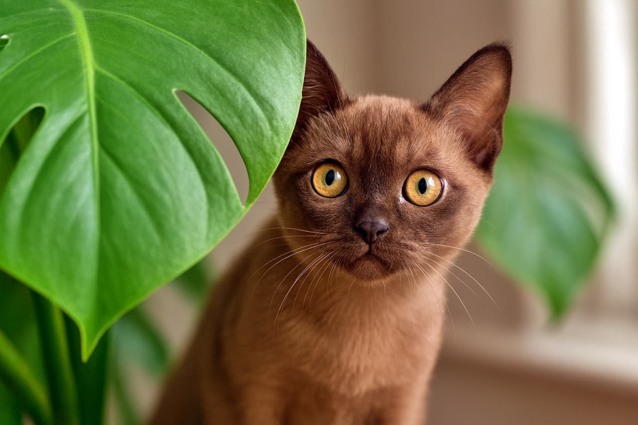 「モンステラの森から、ちょこんと顔を出す好奇心いっぱいのバーミーズ子猫!」A Burmese kitten with wide, golden eyes peeks from behind a large, glossy green Monstera leaf indoors. 室内で、大きな艶やかなモンステラの葉の陰から、黄金色の瞳を大きく見開いたバーミーズ子猫が覗いている