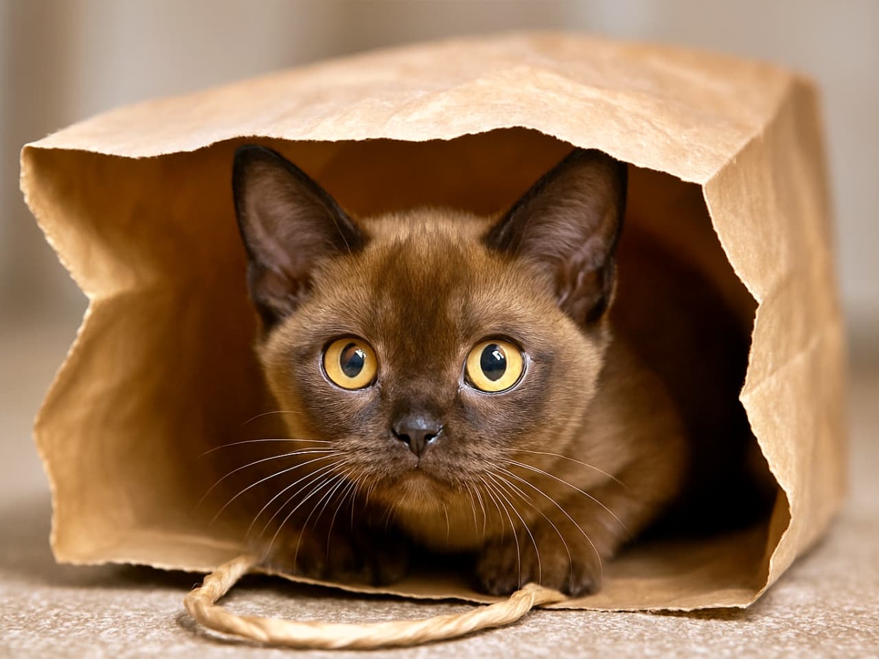✨紙袋からひょっこり!黄金の瞳で「見つけて!」と遊ぶバーミーズ子猫💛Photorealistic close-up of a playful Burmese kitten with golden eyes peeking out from inside a crumpled brown paper shopping bag. リアルな描写で、茶色の紙袋から顔だけを覗かせる遊び好きなバーミーズ子猫。大きな金色の瞳が印象的