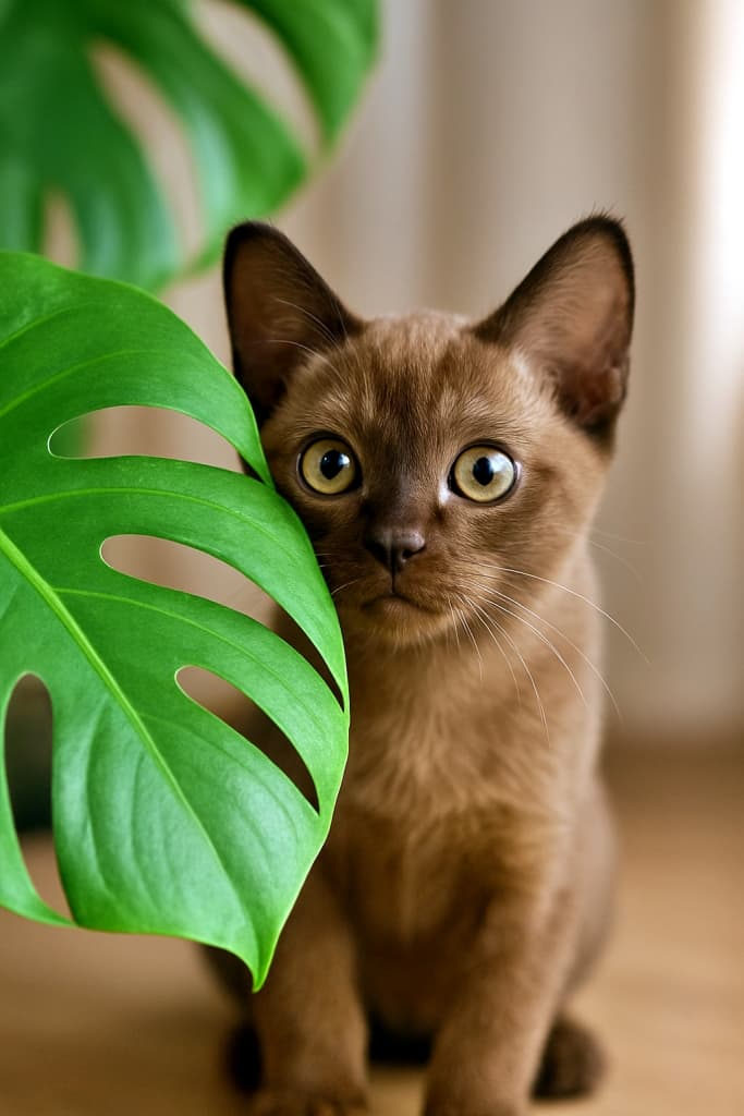 A curious Burmese kitten with wide golden eyes peeks out from behind a large vibrant green Monstera leaf indoors, captured in a photorealistic, eye-level shot. 室内で大きなモンステラの葉の後ろから、好奇心いっぱいの金色の瞳をしたビルマ猫の子猫がこちらを覗き込んでいる様子の、写実的なアイレベルショット