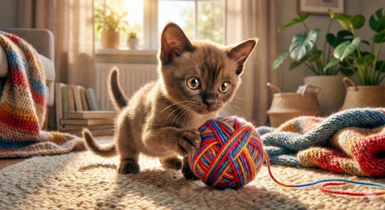 A brown Burmese kitten with wide eyes plays with a colorful yarn ball in a sunlit room, surrounded by knitted blankets, books, and potted plants. 大きな瞳のブラウンのバーミーズ子猫が、日差しの差し込む部屋でカラフルな毛糸玉と遊んでおり、周囲には編み物のブランケットや本、観葉植物が並んでいる