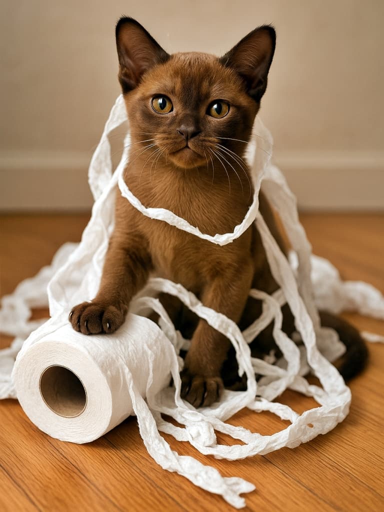 A photorealistic image of a mischievous brown Burmese kitten tangled in unrolled white toilet paper, sitting proudly on a wooden floor and looking directly at the camera. 白いトイレットペーパーをほどいて全身に絡ませた、いたずら顔のバーミーズ子猫が、木の床の上で誇らしげにこちらを見つめている写真
