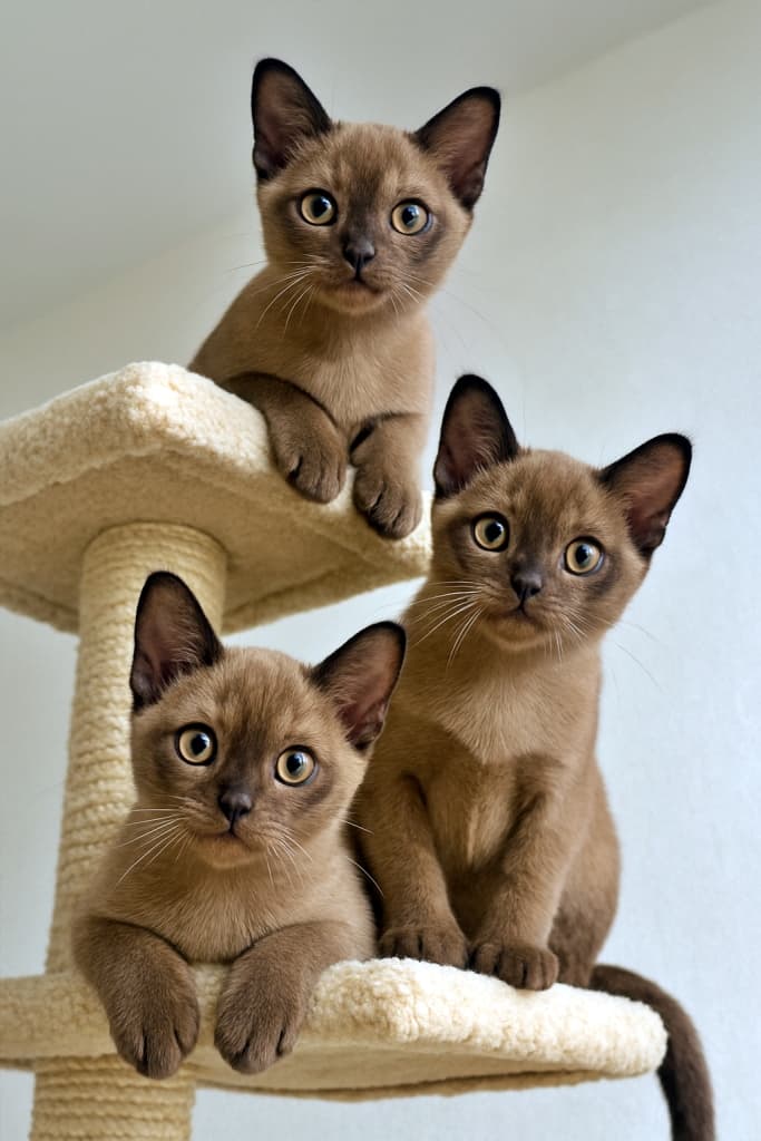 Three Burmese kittens perched on different levels of a beige cat tree, all looking down at the camera with wide, curious eyes. Photorealistic, high-resolution image. ベージュ色のキャットタワーのそれぞれの段に座った3匹のビルマ猫が、好奇心いっぱいのまなざしでカメラを見下ろしている様子の高解像度フォトリアル画像です