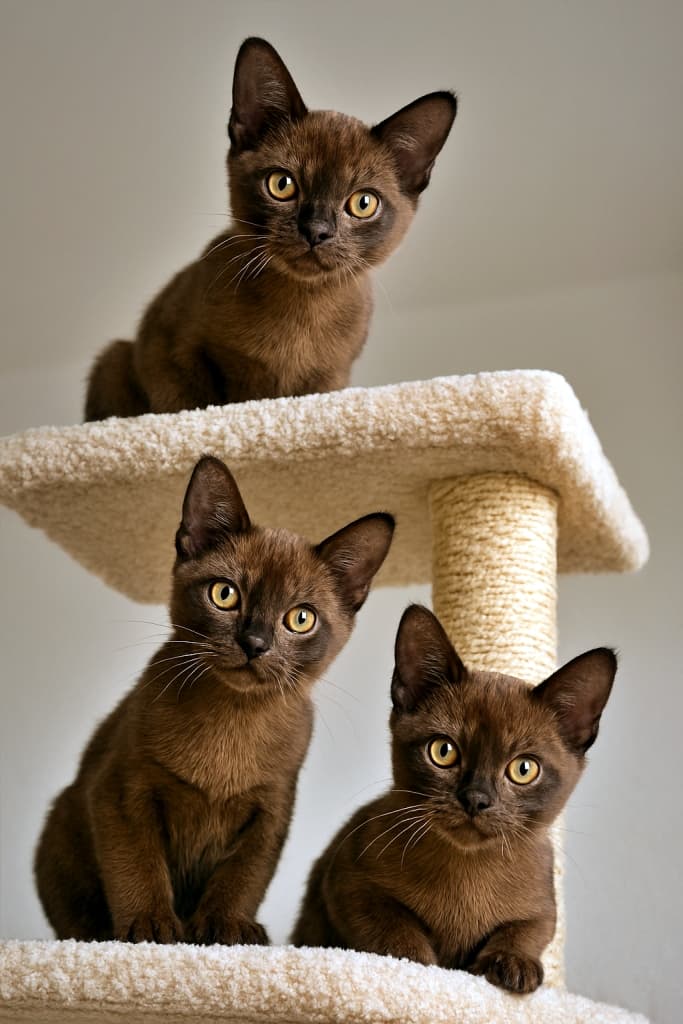 Three Burmese kittens with sleek chocolate-brown fur perch on different levels of a beige cat tree, gazing down at the camera with wide golden eyes and intense curiosity. 艶やかなチョコレートブラウンの毛並みを持つ3匹のバーミーズ子猫が、ベージュのキャットタワーの異なる段に並び、黄金色の瞳で好奇心いっぱいにカメラを見下ろしている