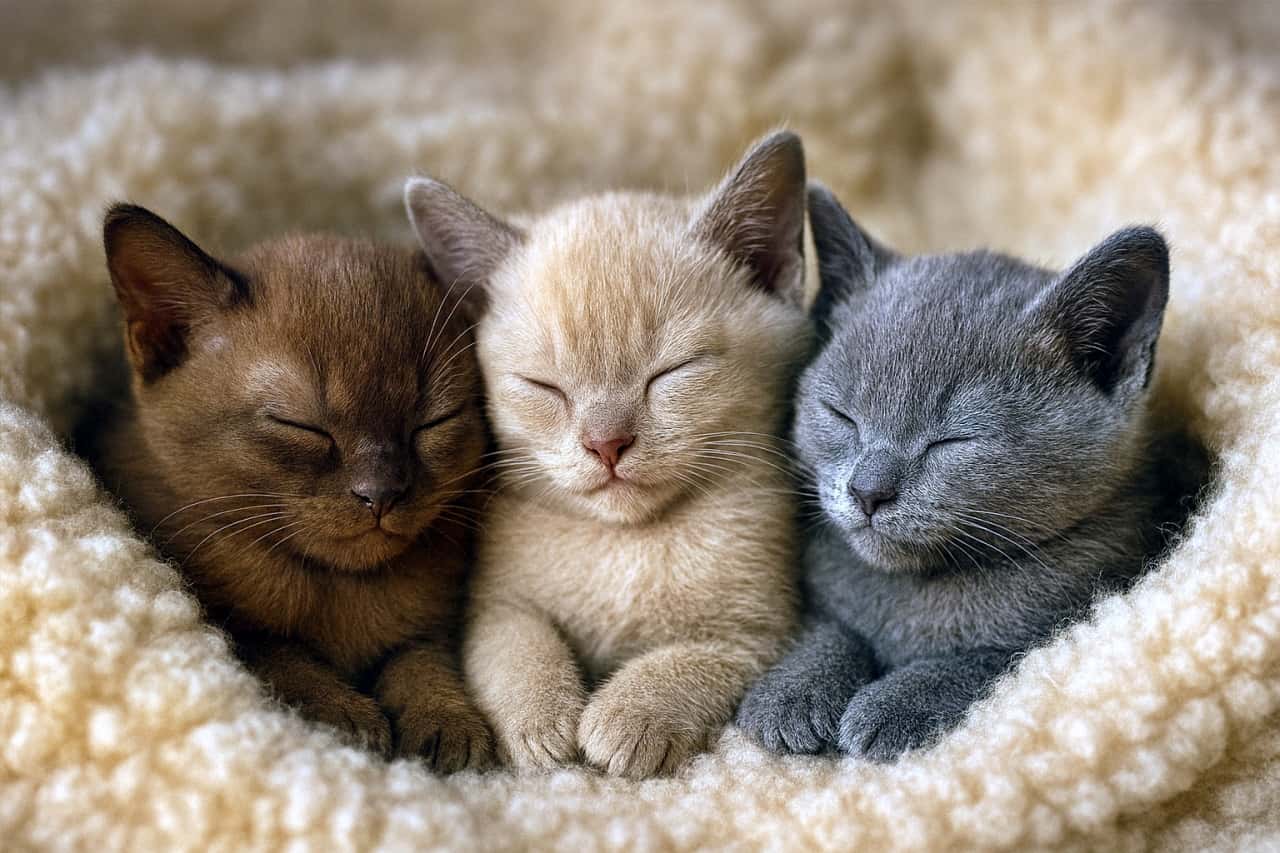 「ふわもこ毛玉トリオ!夢の中でも仲良し♡」Three Burmese kittens — sable, champagne, and blue — sleep peacefully huddled together in a fluffy blanket, forming a warm, photorealistic pile of fur. シャム猫のようなバーミーズの子猫(セーブル、シャンパン、ブルー)がふわふわの毛布の中で寄り添い、愛らしい毛玉のように眠っている