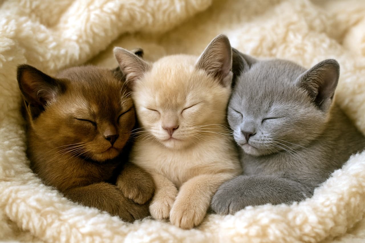 Three Burmese kittens — one sable, one champagne, and one blue — sleep closely snuggled together in a soft, fluffy blanket, forming an adorable trio with peaceful expressions. セーブル、シャンパン、ブルーの3匹のバーミーズ子猫が、ふわふわの毛布の中で寄り添って眠り、穏やかな表情で可愛らしく並んでいる様子
