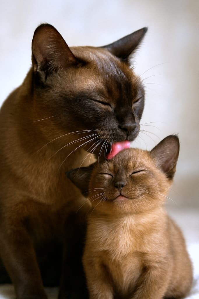 「ママの愛情に包まれて…ゴロゴロ幸せなひととき✨」A photorealistic Burmese mother cat gently grooming her small kitten, who purrs with visible contentment. The tender maternal moment is captured in high resolution, with natural lighting highlighting their soft fur and affectionate bond. 写実的なバーミーズの母猫が、小さな子猫を優しく毛づくろいしている様子。子猫は満足そうに喉を鳴らし、母猫との温かな絆が高解像度で自然光に包まれて描かれている