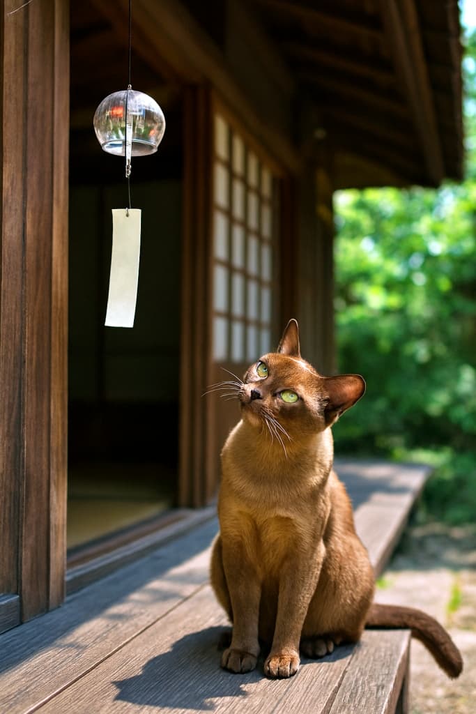 ✨「夏の縁側で風鈴に夢中…涼やかな音に心もときめくバーミーズ猫」✨A photorealistic Burmese cat sits on the wooden veranda of a traditional Japanese house in summer, tilting its head toward a glass wind chime (furin) hanging from the eaves. 夏の日本家屋の縁側に座るバーミーズ猫が、風鈴の音に耳を傾けながら首をかしげている、写実的な高解像度の描写