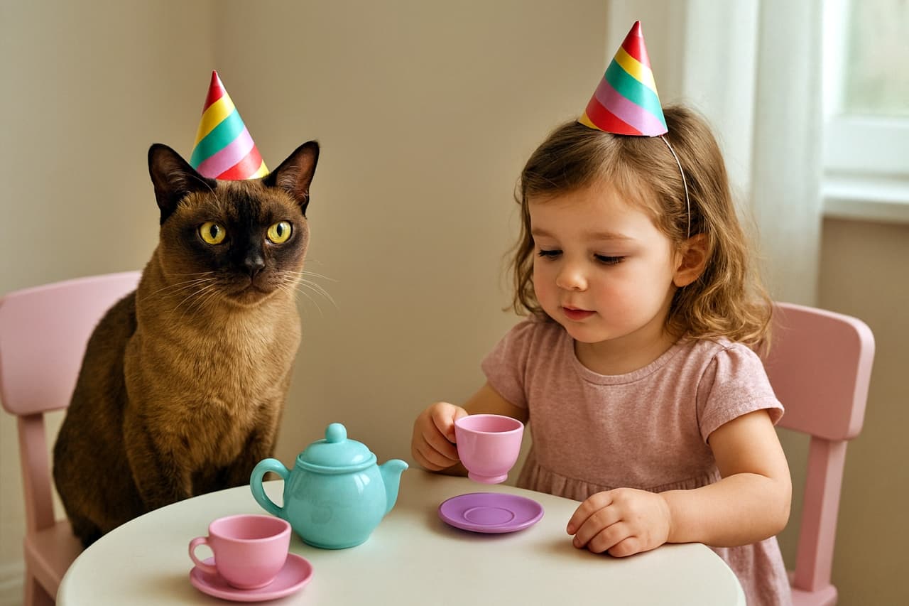 🎉「ちょこんと座るバーミーズ、ティーパーティーの主役はこの子だ!」☕🐾A Burmese cat with a sleek brown coat sits patiently at a small children’s tea party table beside a little girl. The cat wears a tiny, colorful party hat tilted slightly askew, while the girl holds a pastel teacup. Soft natural light fills the room, highlighting the whimsical atmosphere. 茶色の毛並みが美しいバーミーズ猫が、小さな子供用のティーパーティーのテーブルに座り、女の子と並んでいます。猫は少し傾いた小さなカラフルなパーティーハットをかぶり、女の子はパステルカラーのティーカップを手にしています。柔らかな自然光が部屋を満たし、幻想的な雰囲気を演出しています