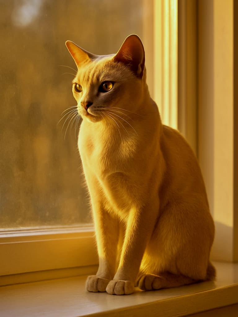 A champagne-colored Burmese cat sitting gracefully on a windowsill, its glossy coat glowing in warm golden-hour sunlight, creating an elegant silhouette. 暖かなゴールデンアワーの光に照らされ、窓辺に優雅に座るシャンパンカラーのバーミーズ猫。艶やかな被毛が美しいシルエットを描いている