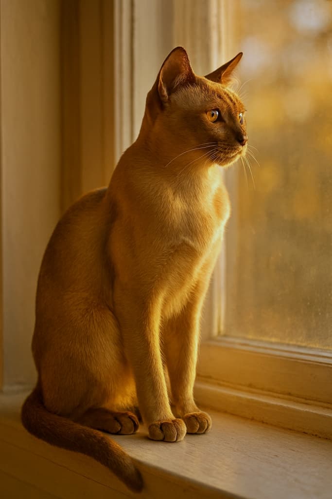 「夕陽に染まる窓辺のプリンセス、シャンパンバーミーズの輝きに心奪われる…✨」A photorealistic champagne Burmese cat sits gracefully on a windowsill, its glossy coat glowing in warm golden hour sunlight, forming a stunning silhouette against the softly blurred background. フォトリアルなシャンパン色のバーミーズ猫が窓辺に優雅に座り、黄金の夕陽に照らされた艶やかな毛並みが美しいシルエットを描いている