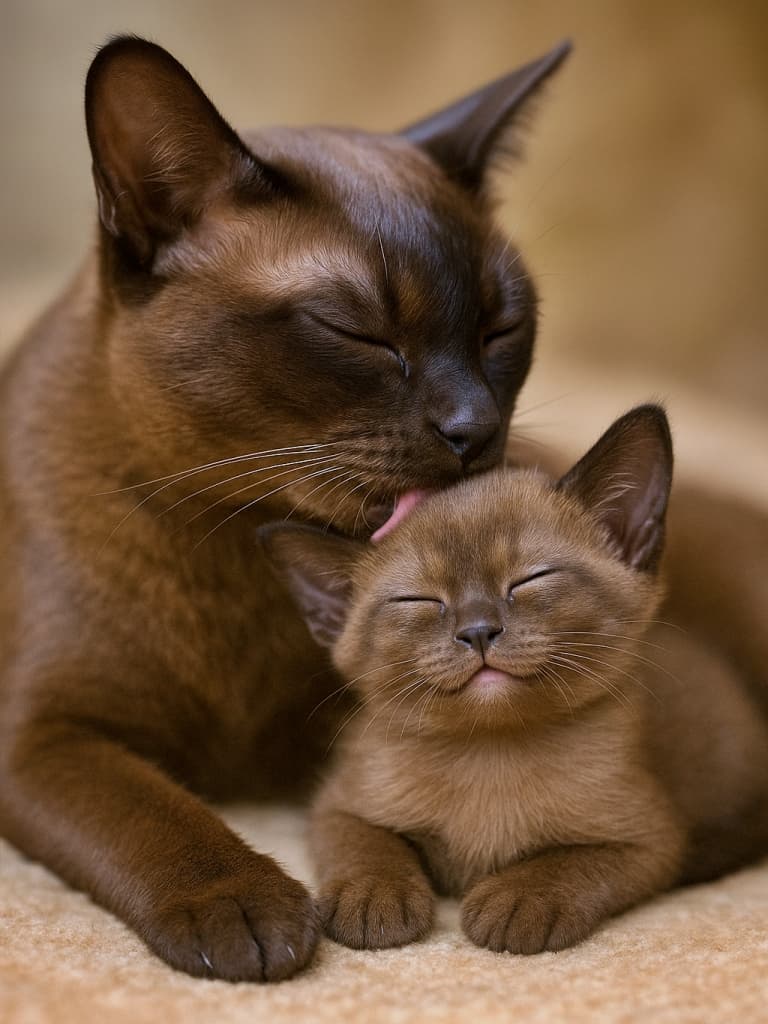 A mother Burmese cat gently grooming her small kitten, both with eyes closed, sharing a tender and peaceful moment of maternal care. 母親のバーミーズ猫が、小さな子猫を優しく毛づくろいしている様子。目を閉じた親子が寄り添う、穏やかで愛情あふれる母性愛のひととき