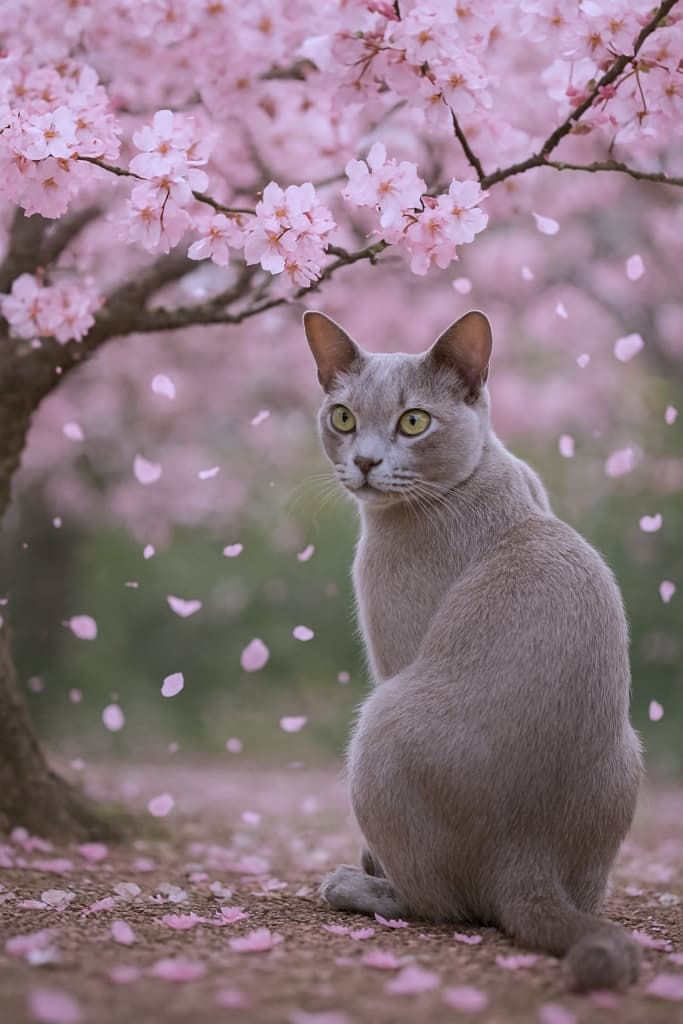 「桜舞う春、振り返る瞳にきらめく優雅さ✨🐾」A platinum Burmese cat sits gracefully under a blooming cherry blossom tree, soft pink petals drifting around it. The cat looks back over its shoulder with elegance, framed by natural light and delicate blossoms. 満開の桜の下に座るプラチナバーミーズ猫。柔らかな花びらが舞い落ちる中、肩越しに優雅に振り返る姿が自然光に包まれている
