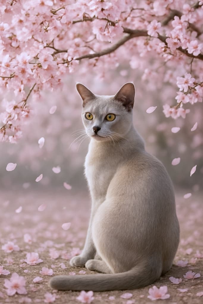 A photorealistic platinum Burmese cat sitting under a blooming cherry blossom tree, looking back elegantly over its shoulder as soft pink petals fall around it. 満開の桜の木の下で、淡いピンクの花びらに包まれながら振り返る、プラチナカラーのバーミーズ猫のフォトリアルな高解像度写真