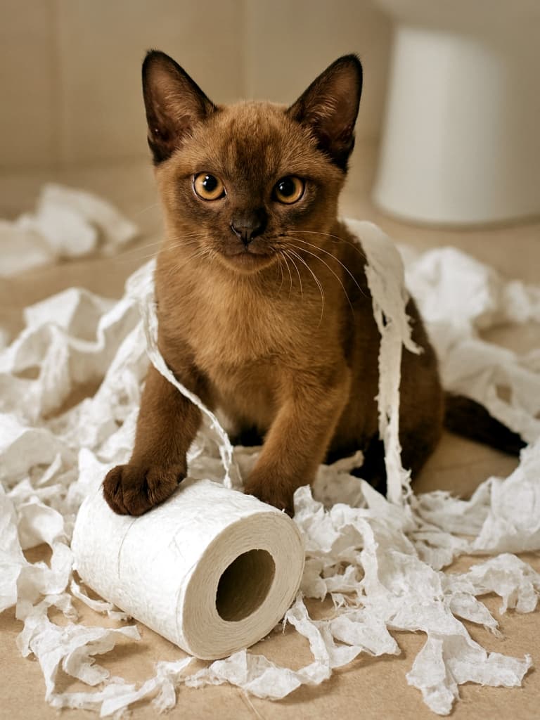 「やんちゃ全開!トイレットペーパーも遊び道具にしちゃう誇らしげな子猫✨」A mischievous Burmese kitten sits proudly amidst shredded toilet paper, tangled in the white mess on a beige bathroom floor. やんちゃなバーミーズ子猫が、トイレットペーパーに絡まりながら誇らしげに座っている様子