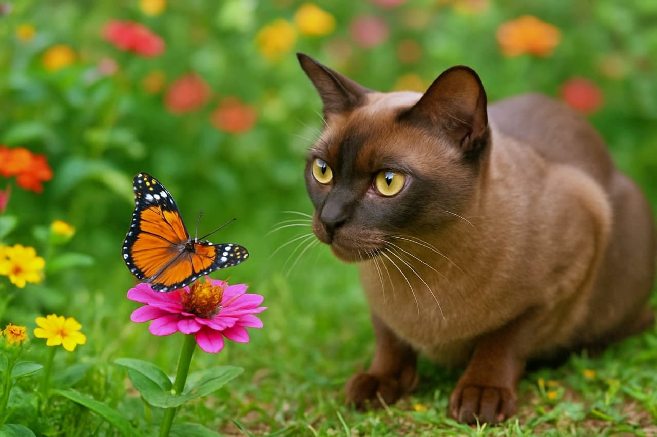 A photorealistic image of a sable Burmese cat crouching calmly in a lush garden, quietly observing a colorful butterfly resting on a pink flower. 美しい庭の中で、サーブルカラーのバーミーズ猫が身を低くして、花にとまった色鮮やかな蝶を穏やかに見つめているフォトリアルな高精細画像