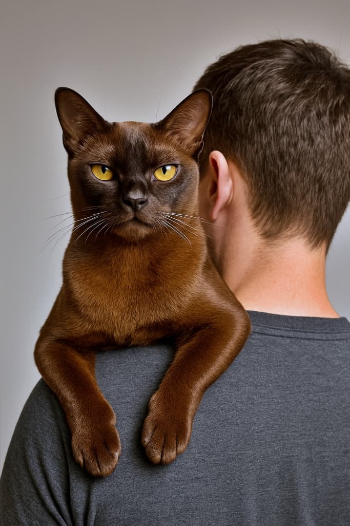 A sleek, muscular sable Burmese cat perched comfortably on its owner’s shoulder, looking directly at the camera with a confident, regal expression. 飼い主の肩に落ち着いて乗り、カメラをまっすぐ見つめる、引き締まった体つきのセーブルカラーのバーミーズ猫