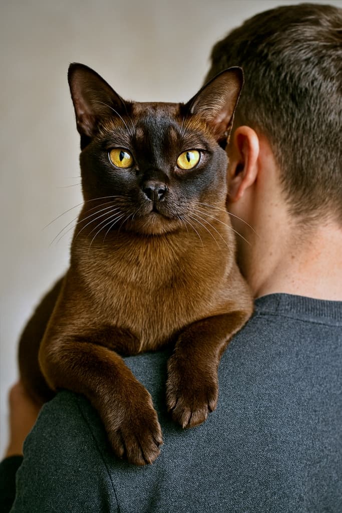 A sleek sable Burmese cat with golden eyes perched on its owner's shoulder, gazing confidently at the camera. 金色の瞳を持つ艶やかなセーブルのバーミーズ猫が飼い主の肩に乗り、カメラに向かって堂々とした眼差しを向けている