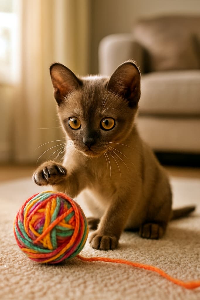 A photorealistic close-up of a tiny sable Burmese kitten with big golden eyes playfully batting at a brightly colored yarn ball in a warm, sunlit living room. 日差しの差し込む暖かいリビングで、色鮮やかな毛糸玉にじゃれつく、大きな金色の瞳をした小さなセーブル・バーミーズの子猫の接写写真