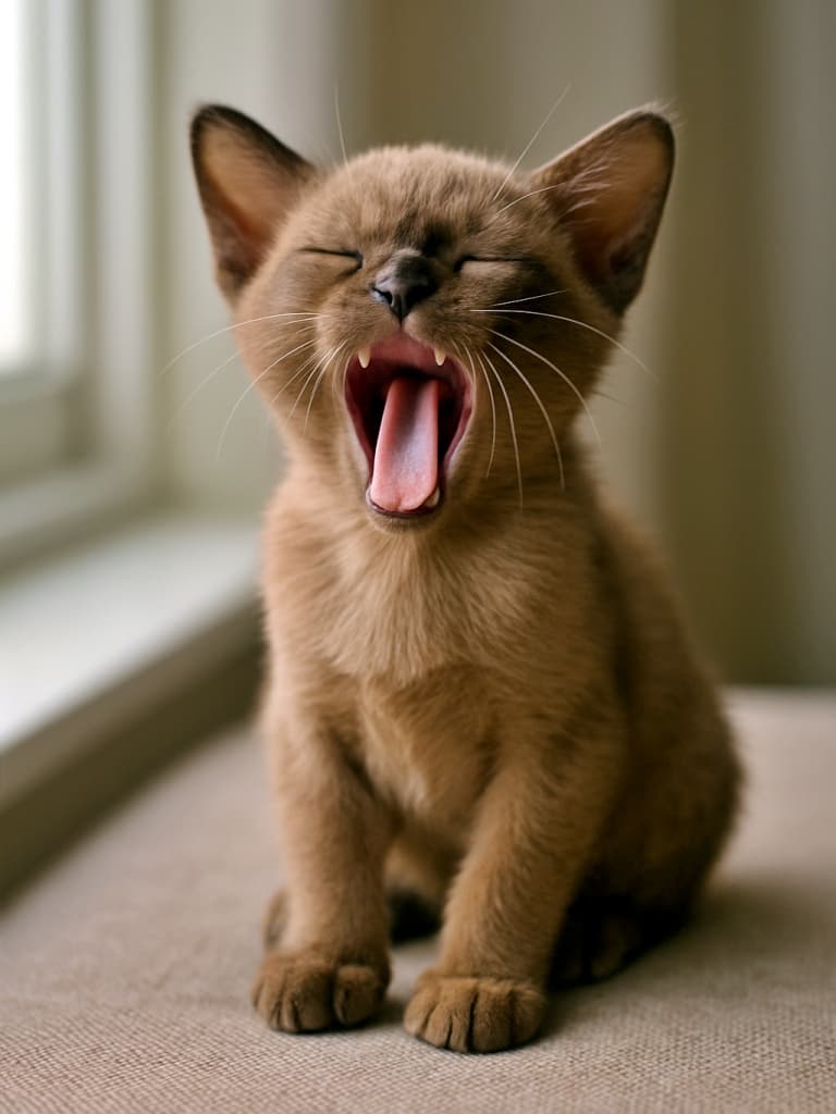 A sleepy Burmese kitten captured mid-yawn, showing its tiny teeth and pink mouth, sitting in soft natural window light. Photorealistic and high resolution. 眠そうなバーミーズ子猫が大きなあくびをしており、小さな歯とピンクの口が見える。窓から差し込む柔らかな自然光の中で撮影された、フォトリアリスティックで高解像度の画像