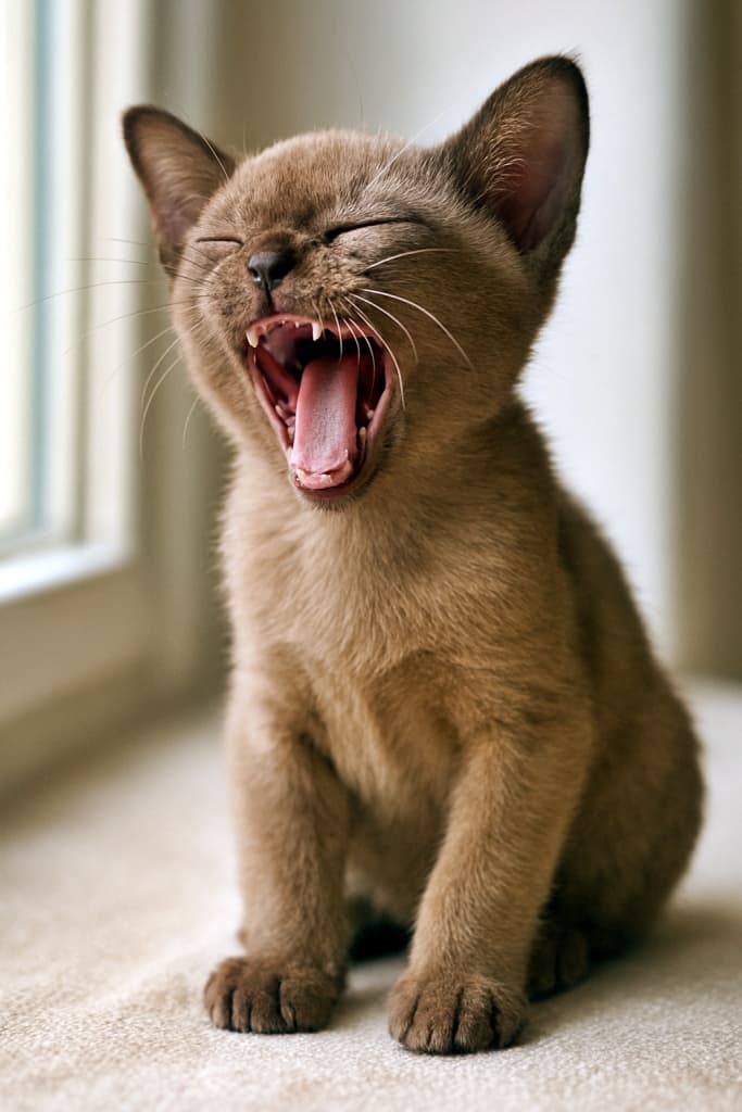 「ふわぁ〜…眠たそうなバーミーズ子猫のあくびに癒される💤💕」A photorealistic Burmese kitten mid-yawn, showing tiny teeth and pink mouth, bathed in soft natural window light. フォトリアルなバーミーズ子猫が大きなあくびをしていて、小さな歯とピンクの口を見せ、窓からの柔らかな自然光に包まれている
