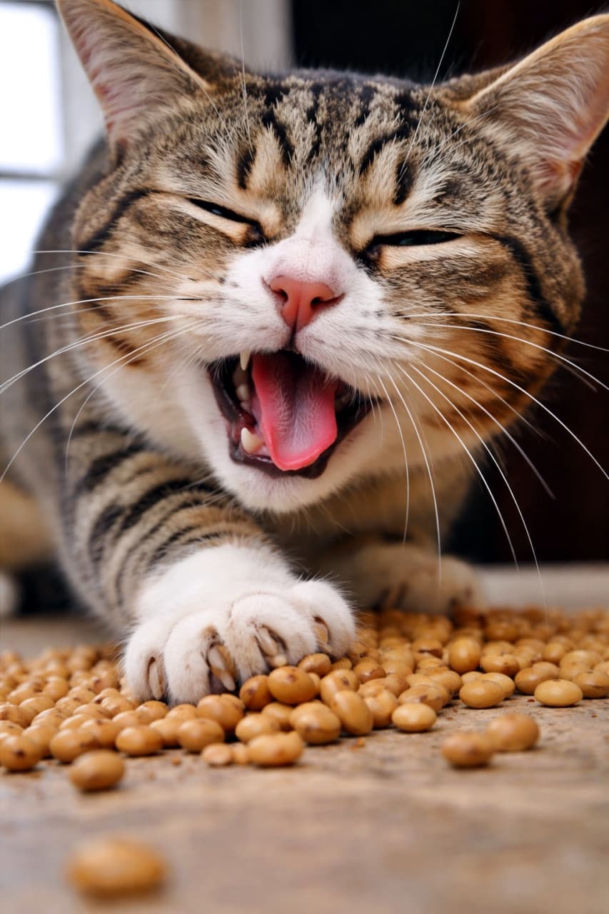 「炒り豆の感触にびっくり！？一歩踏み出した瞬間の、猫の全力リアクションが可愛すぎる節分ショット🐾」A close-up photorealistic image of a cat making a funny face after stepping on roasted soybeans, its paw pressing into the beans. 炒り豆を踏んでしまい、思わず変顔になる猫をクローズアップで捉えたリアルな写真