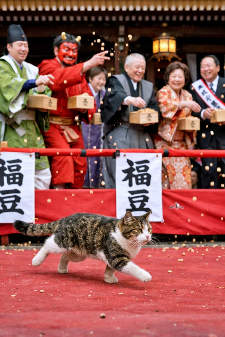 「豆まき最中にまさかの乱入！福も視線も一瞬でさらった、自由すぎる主役🐾」A cat running across the stage during a Setsubun bean-throwing ceremony at a Japanese shrine, with people in traditional attire and an oni costume in the background. 日本の神社で行われる節分の豆まき神事の舞台を、鬼役や参拝者の前で走り抜ける猫の様子