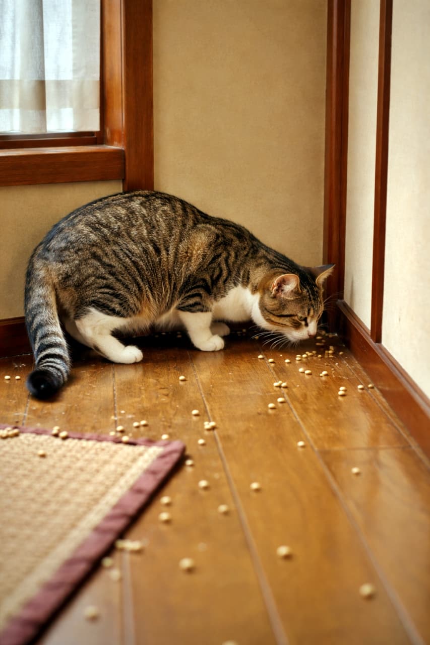 「節分は終わっても、宝探しは終わらない。翌日の部屋で、豆を探す猫探偵🐾」A photorealistic tabby cat carefully searching the corner of a Japanese room for leftover soybeans the day after Setsubun. 節分の翌日、部屋の隅に落ちた豆を探してクンクンする猫のフォトリアルな写真