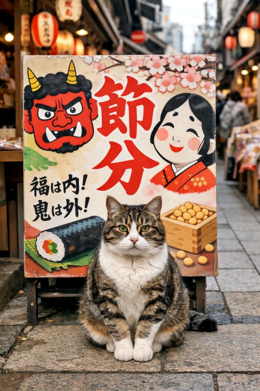 「節分ムード全開の商店街で、鬼より堂々。福を呼び込みそうな看板猫さん🐾」A cat sitting in front of a colorful Setsubun poster on a traditional Japanese shopping street, photorealistic. 日本の商店街で、節分のポスターの前にちょこんと座る猫のフォトリアルな風景