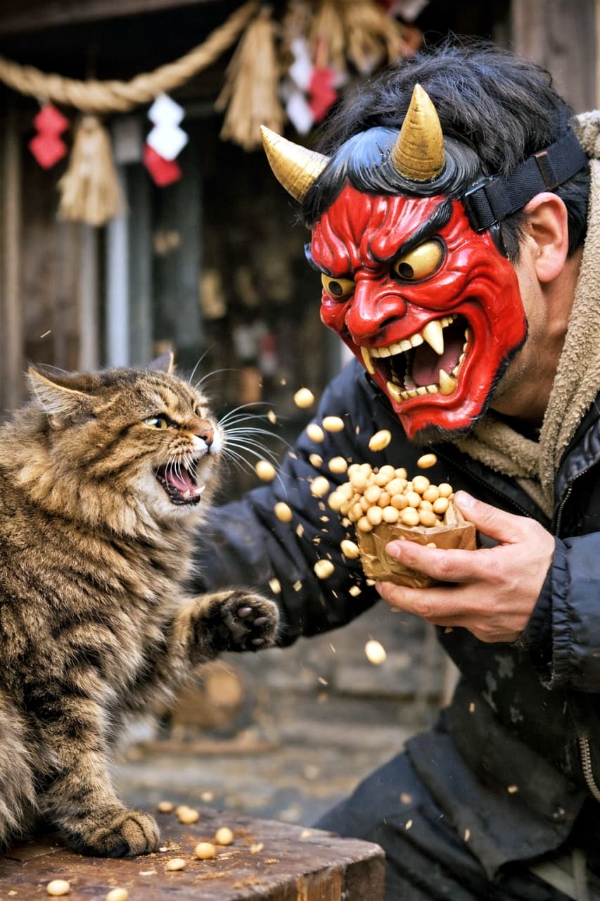 「鬼は外…と思ったら猫も本気！
豆が舞う節分、最強の番猫ここに降臨🐾」A photorealistic scene of a cat hissing and raising its paw at a person wearing a red oni mask during Setsubun, with soybeans flying through the air. 節分の豆まきで、赤い鬼のお面をかぶった人に向かって威嚇する猫。空中に豆が舞う臨場感ある瞬間