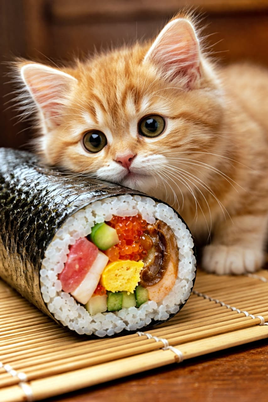 「恵方巻にここまで接近！？「これは…鬼じゃないニャ？」と確認中の子猫さん🐾」A curious kitten leaning very close to an ehomaki sushi roll, sniffing it with wide eyes, photorealistic. 恵方巻に顔をぐっと近づけて、興味津々な表情を見せる子猫のフォトリアルな写真