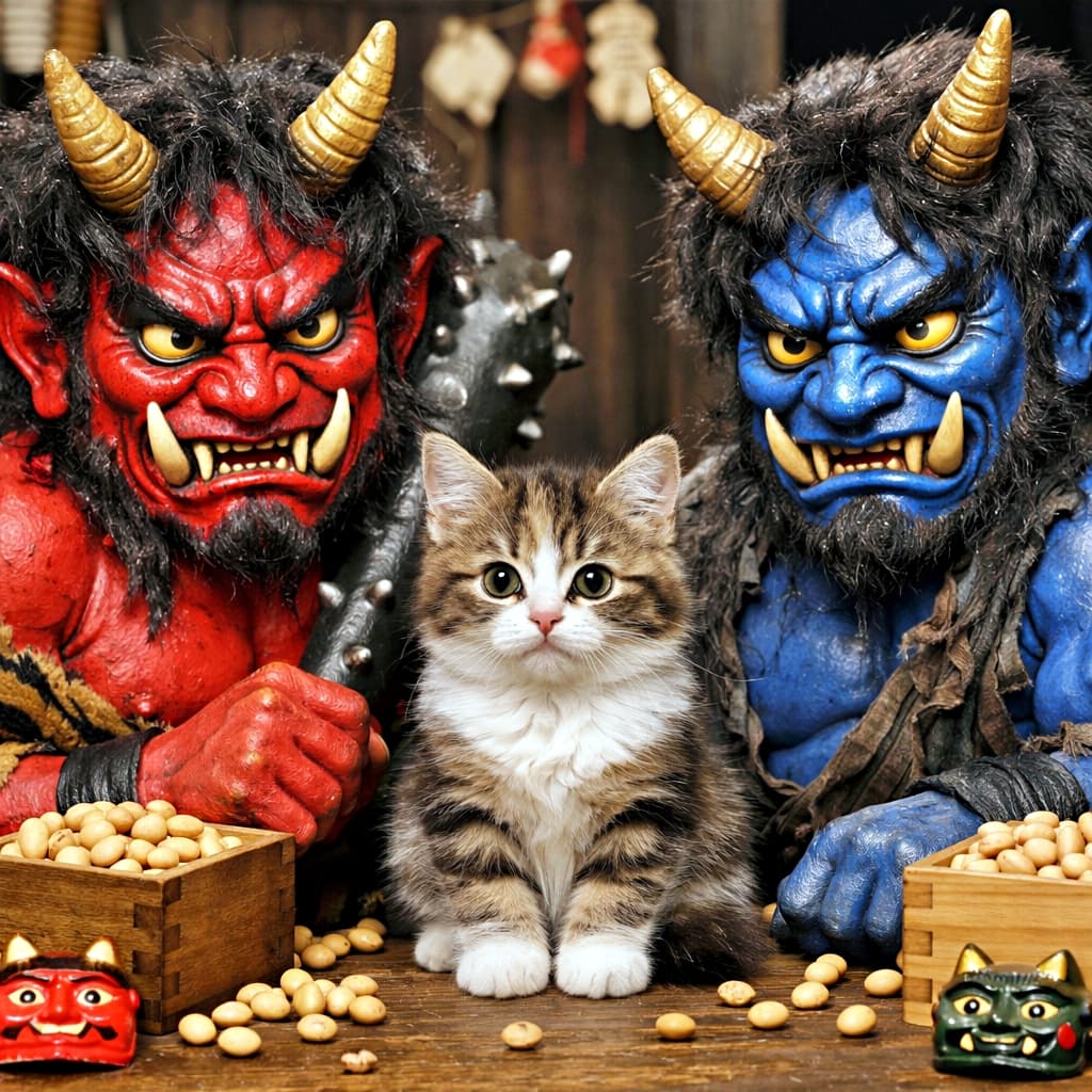 「赤鬼も青鬼も一時停止。真ん中に座る子猫の落ち着きが最強すぎる節分✨」A calm kitten sitting between a red oni and a blue oni in a whimsical Setsubun fantasy scene, photorealistic. 赤鬼と青鬼に挟まれて落ち着いて座る子猫の節分ファンタジーシーン（リアル調）