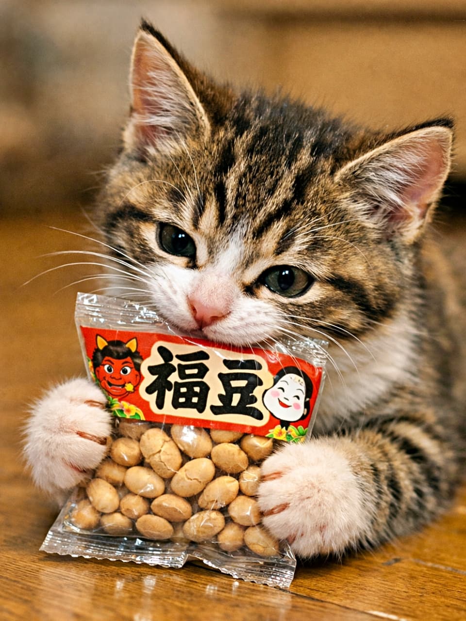 「福は内、かわいさも内！福豆より気になる小袋に夢中な、いたずら子猫の節分タイム🐾」A tabby-and-white kitten chewing on a small packet of fukumame beans, holding it with both paws under warm indoor lighting. 室内の暖かい照明の中で、福豆の小袋を両前足で抱えて噛んでいるキジ白の子猫