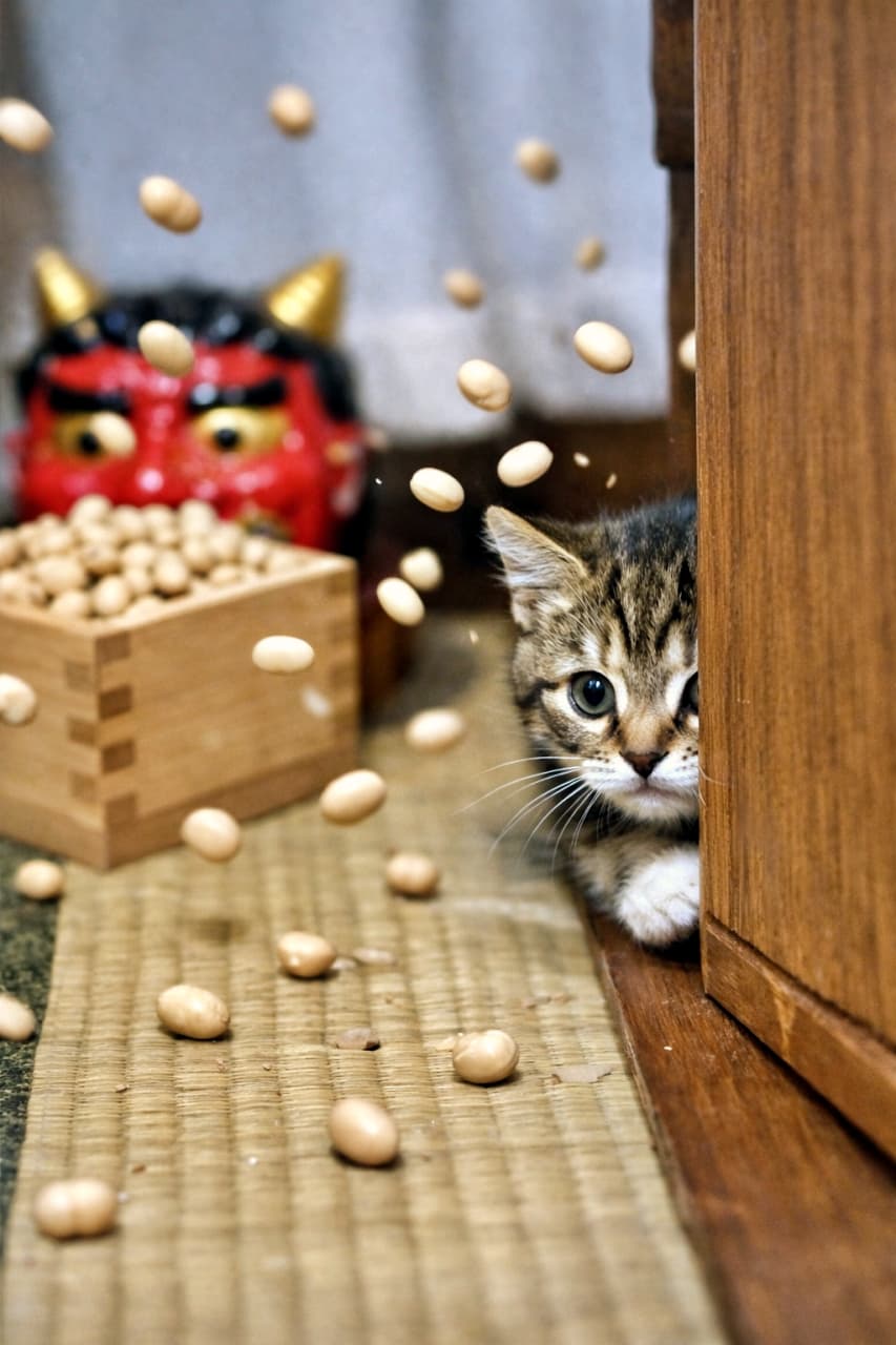 「豆まき本気すぎ問題。家具の陰で小さくなってる子猫、節分の夜」A timid kitten hiding behind wooden furniture to avoid flying soybeans during Setsubun, with an oni mask and masu box in a traditional Japanese room, photorealistic. 節分の豆まきで飛んでくる大豆を避けるため、和室の家具の陰に隠れる子猫。鬼のお面と升が背景にあるリアルな写真