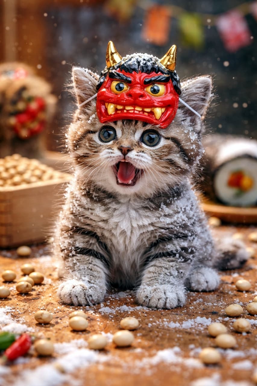 「鬼役のはずが完全フリーズ！？節分豆よりびっくり顔が主役な子猫です🫘🐱」A surprised kitten wearing a small red oni mask during Setsubun, frozen in place with wide eyes, surrounded by scattered soybeans in a humorous, photorealistic scene. 赤い鬼のお面をかぶって驚いた表情で固まる子猫。節分の豆が散らばる、ユーモラスでリアルなシーン