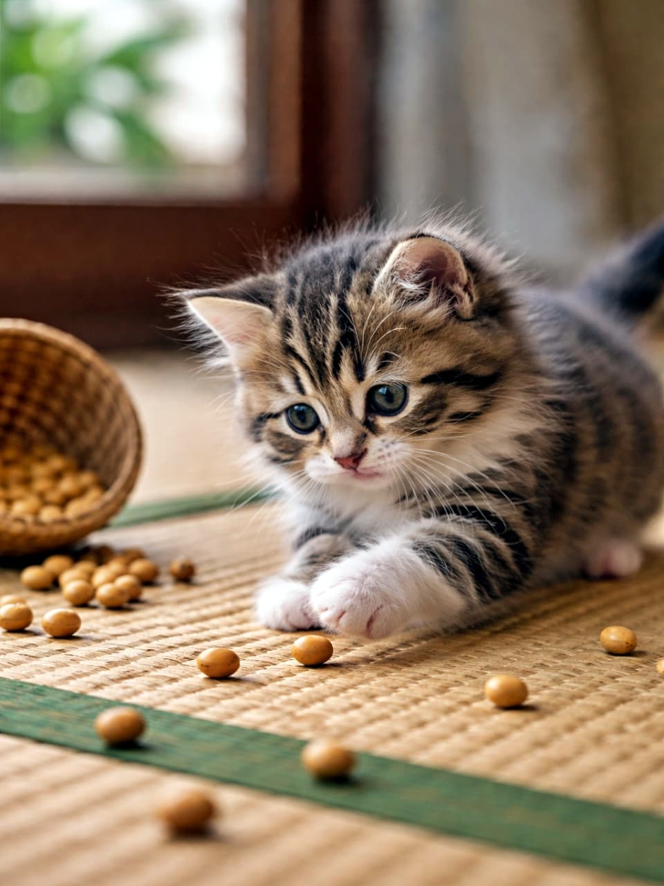 「畳の上は最高の遊び場。ころころ転がる福豆に夢中な、節分知らずの子猫さん」A playful tabby kitten rolling roasted soybeans across tatami mats in a traditional Japanese room, photorealistic. 畳の上で炒り大豆を転がして遊ぶキジトラの子猫。日本家屋の室内で撮影されたフォトリアルな一枚